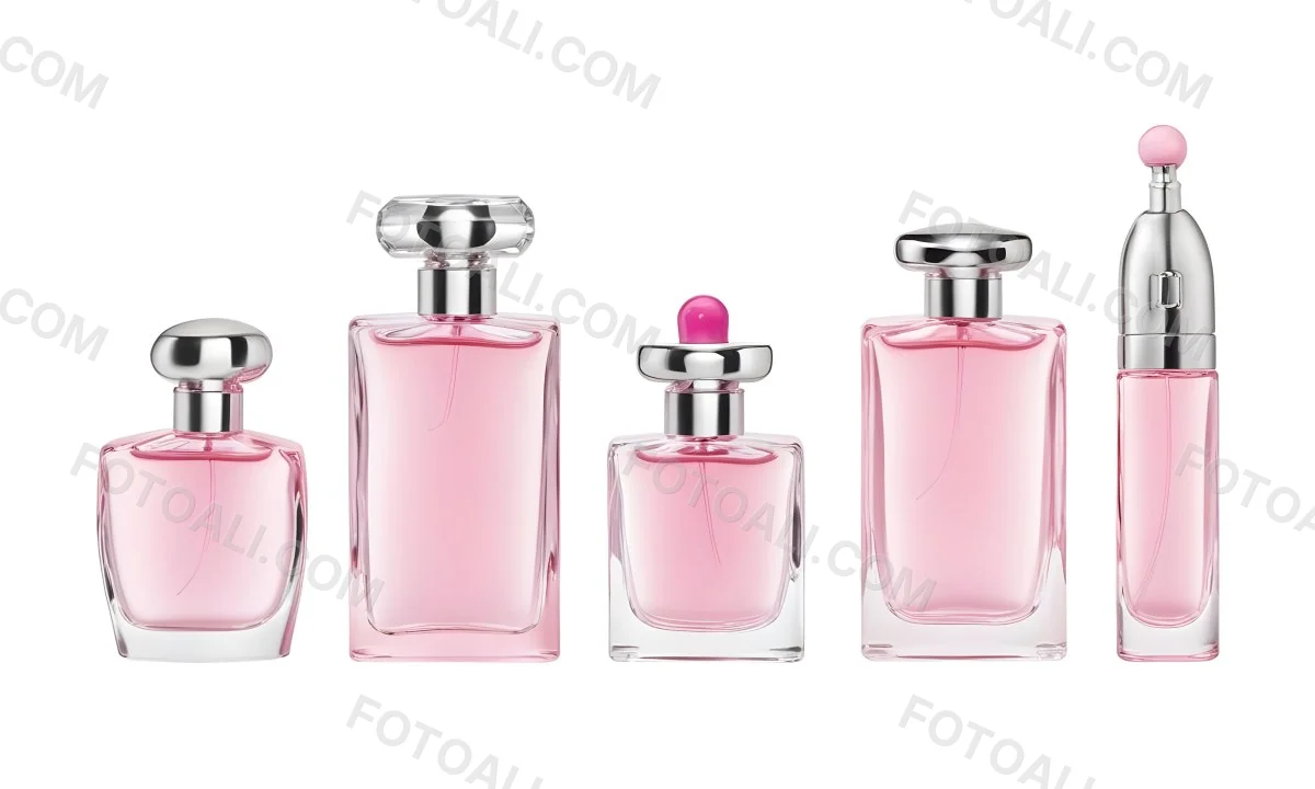 Minimal Soft Studio Light Photography Four Silver Perfume Bottles With Pink Caps Different Shapes And Sizes Arranged In A Row Clean And Minimalist Design Pink Background Elegant And Modern High Detail Solid Bold 25 Be79