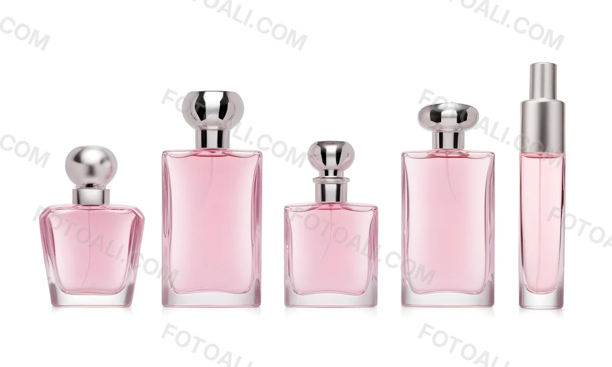 Minimal Soft Studio Light Photography Four Silver Perfume Bottles With Pink Caps Different Shapes And Sizes Arranged In A Row Clean And Minimalist Design Pink Background Elegant And Modern High Detail Solid Bold 30 7c56