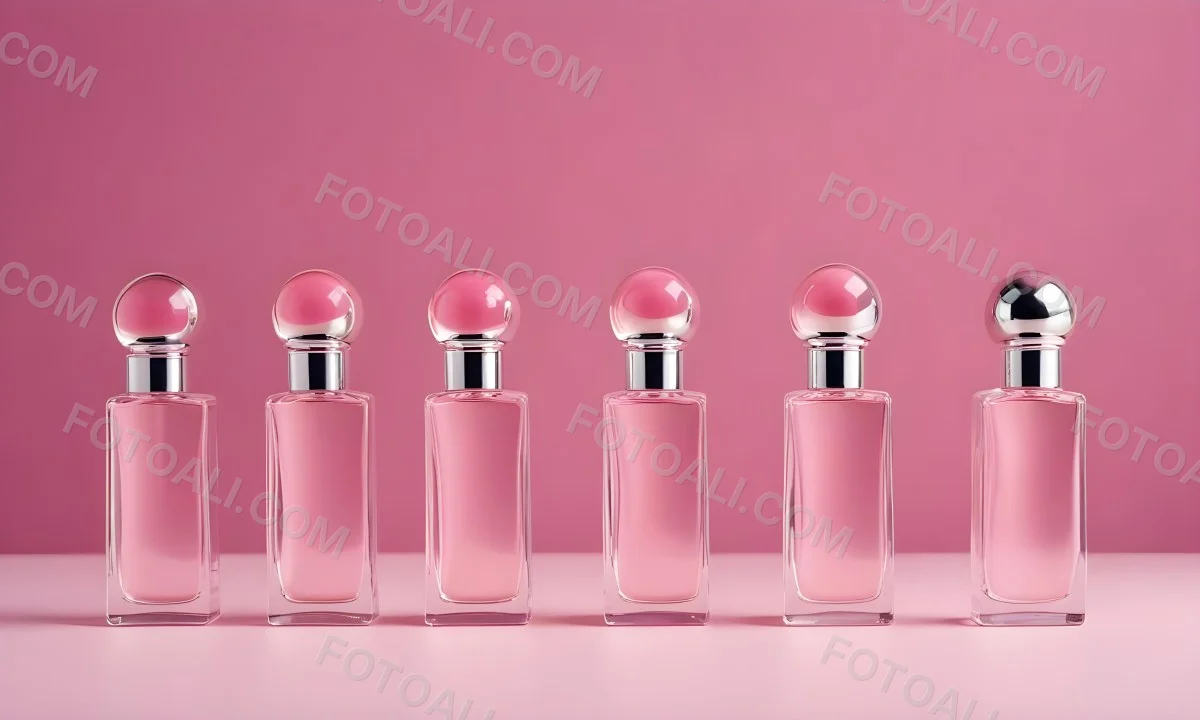 Minimal Soft Studio Light Photography Four Silver Perfume Bottles With Pink Caps Different Shapes And Sizes Arranged In A Row Clean And Minimalist Design Pink Background Elegant And Modern High Detail Solid Bold 31 C16f