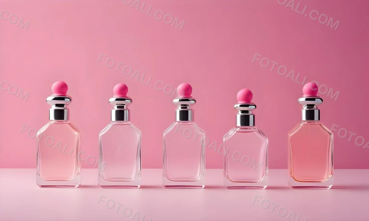 Minimal Soft Studio Light Photography Four Silver Perfume Bottles With Pink Caps Different Shapes And Sizes Arranged In A Row Clean And Minimalist Design Pink Background Elegant And Modern High Detail Solid Bold 4 Edce