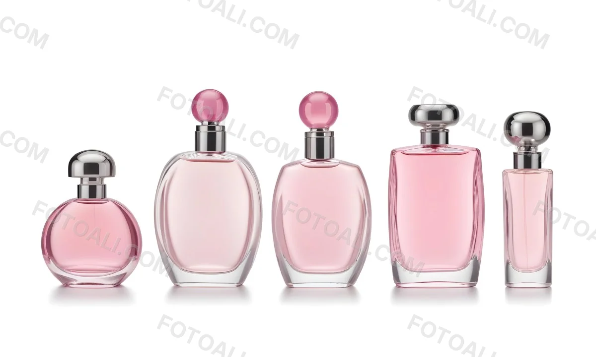Minimal Soft Studio Light Photography Four Silver Perfume Bottles With Pink Caps Different Shapes And Sizes Arranged In A Row Clean And Minimalist Design Pink Background Elegant And Modern High Detail Solid Bold 49 A3b5
