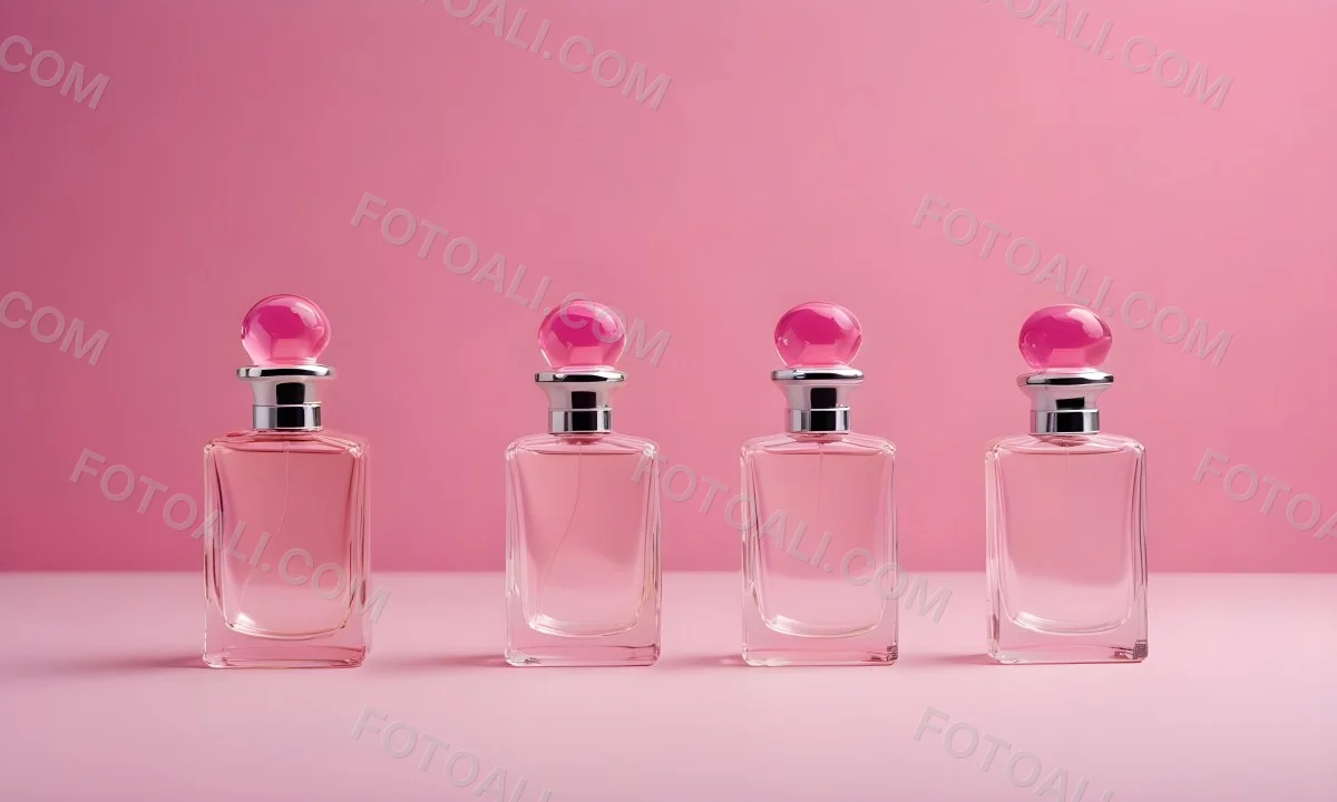Minimal Soft Studio Light Photography Four Silver Perfume Bottles With Pink Caps Different Shapes And Sizes Arranged In A Row Clean And Minimalist Design Pink Background Elegant And Modern High Detail Solid Bold 50 433e