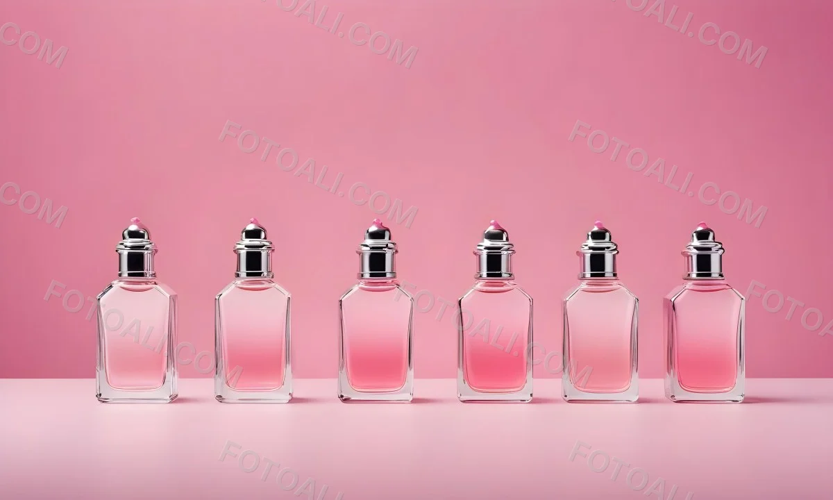 Minimal Soft Studio Light Photography Four Silver Perfume Bottles With Pink Caps Different Shapes And Sizes Arranged In A Row Clean And Minimalist Design Pink Background Elegant And Modern High Detail Solid Bold 51 Fa58
