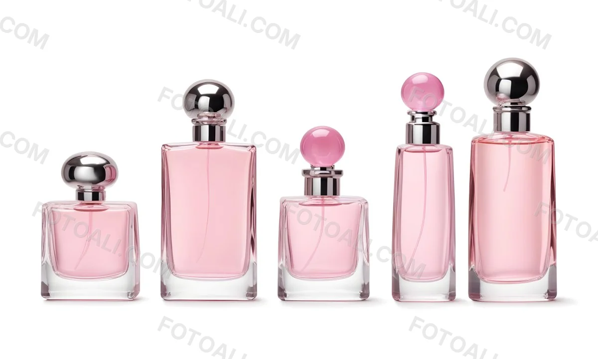 Minimal Soft Studio Light Photography Four Silver Perfume Bottles With Pink Caps Different Shapes And Sizes Arranged In A Row Clean And Minimalist Design Pink Background Elegant And Modern High Detail Solid Bold 52 17b2