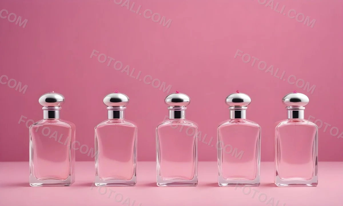 Minimal Soft Studio Light Photography Four Silver Perfume Bottles With Pink Caps Different Shapes And Sizes Arranged In A Row Clean And Minimalist Design Pink Background Elegant And Modern High Detail Solid Bold 53 C8a8