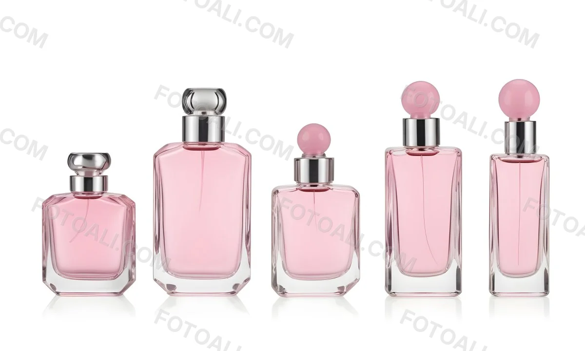 Minimal Soft Studio Light Photography Four Silver Perfume Bottles With Pink Caps Different Shapes And Sizes Arranged In A Row Clean And Minimalist Design Pink Background Elegant And Modern High Detail Solid Bold 54 710d