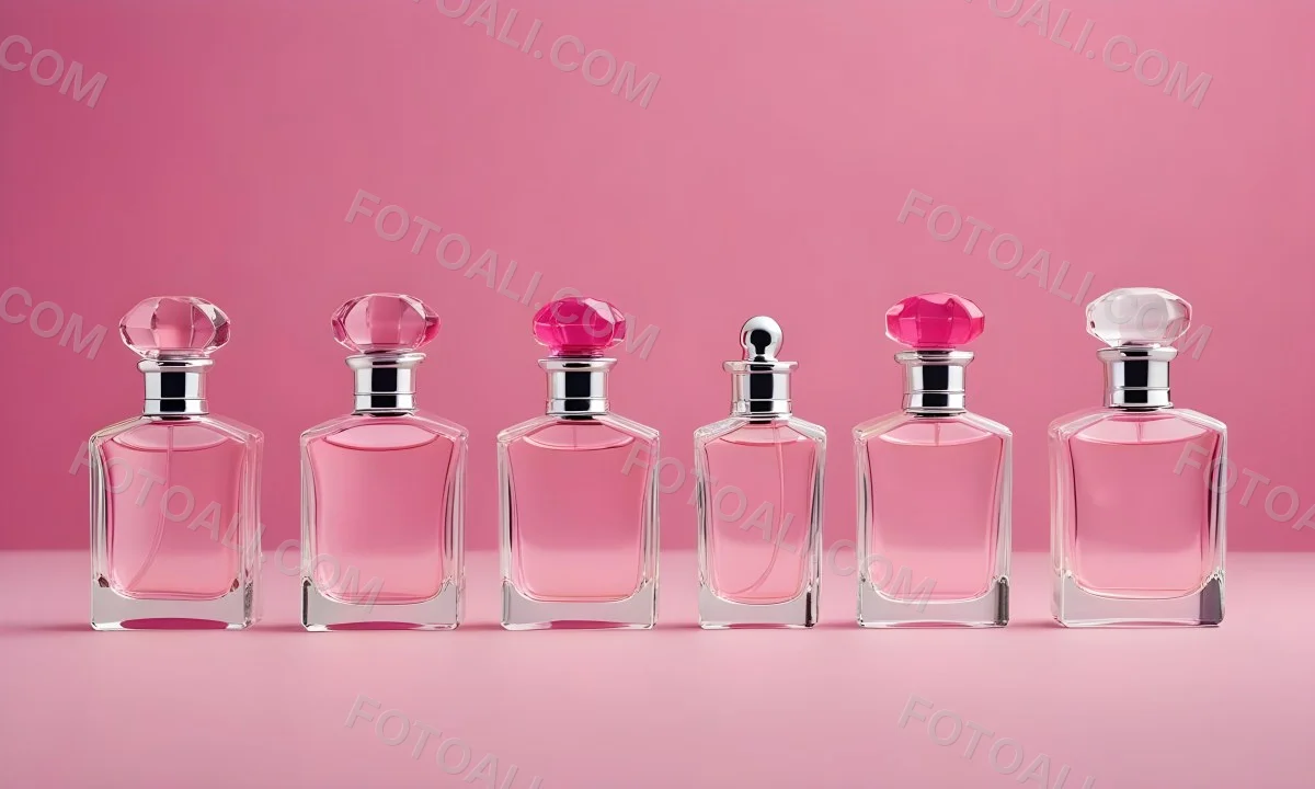 Minimal Soft Studio Light Photography Four Silver Perfume Bottles With Pink Caps Different Shapes And Sizes Arranged In A Row Clean And Minimalist Design Pink Background Elegant And Modern High Detail Solid Bold 55 E9ab
