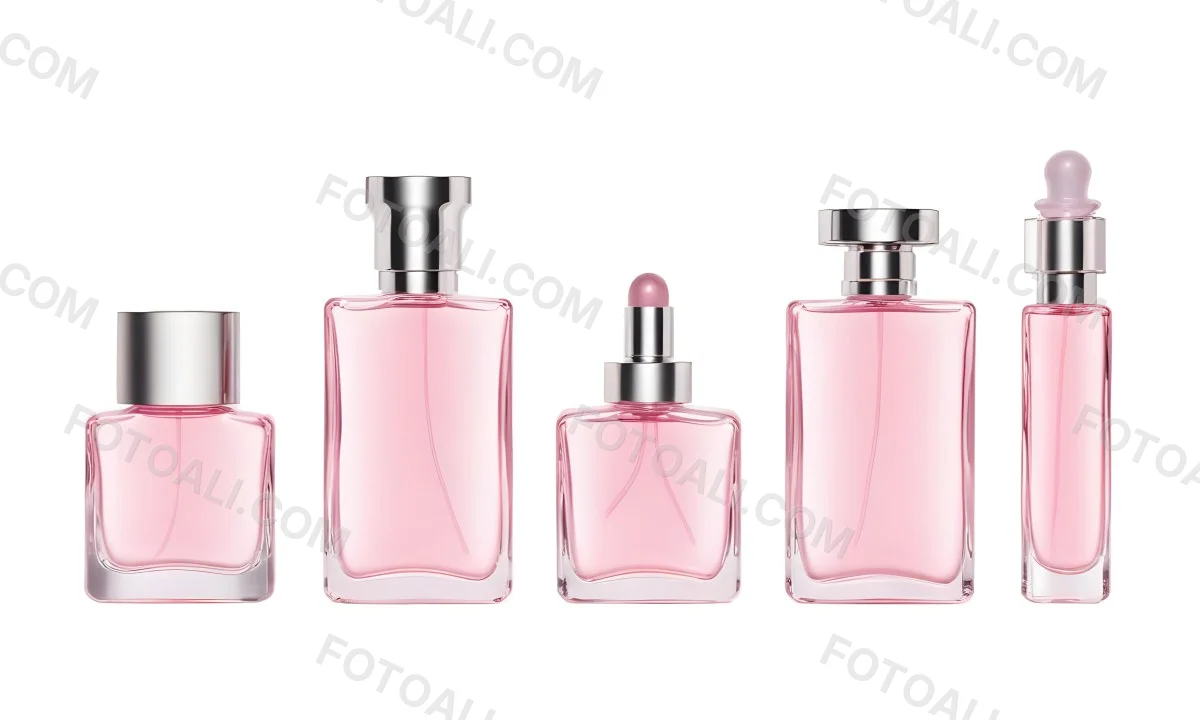 Minimal Soft Studio Light Photography Four Silver Perfume Bottles With Pink Caps Different Shapes And Sizes Arranged In A Row Clean And Minimalist Design Pink Background Elegant And Modern High Detail Solid Bold 56 81c6