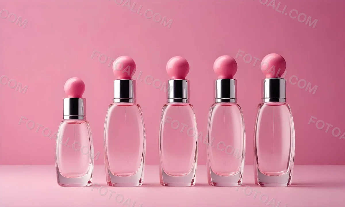 Minimal Soft Studio Light Photography Four Silver Perfume Bottles With Pink Caps Different Shapes And Sizes Arranged In A Row Clean And Minimalist Design Pink Background Elegant And Modern High Detail Solid Bold 57 C1f7
