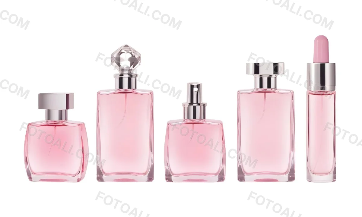 Minimal Soft Studio Light Photography Four Silver Perfume Bottles With Pink Caps Different Shapes And Sizes Arranged In A Row Clean And Minimalist Design Pink Background Elegant And Modern High Detail Solid Bold 7 Aa7c