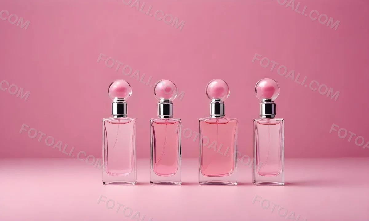 Minimal Soft Studio Light Photography Four Silver Perfume Bottles With Pink Caps Different Shapes And Sizes Arranged In A Row Clean And Minimalist Design Pink Background Elegant And Modern High Detail Solid Bold 8 A51d
