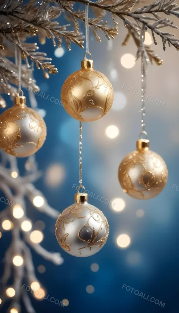 Minimal Soft Studio Light Photography Gold And Silver Ornaments Hanging From Sparkling Branches With Blue And White Bokeh Lights In The Background High Detail Solid Bold Color Background 29 Bd47