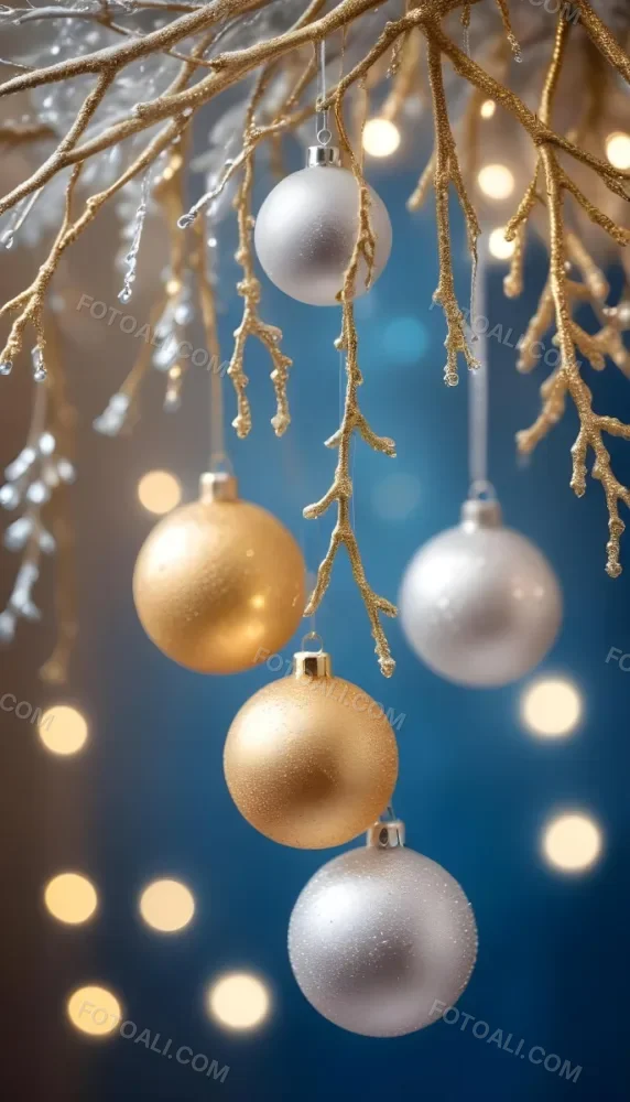 Minimal Soft Studio Light Photography Gold And Silver Ornaments Hanging From Sparkling Branches With Blue And White Bokeh Lights In The Background High Detail Solid Bold Color Background 32 Cb08