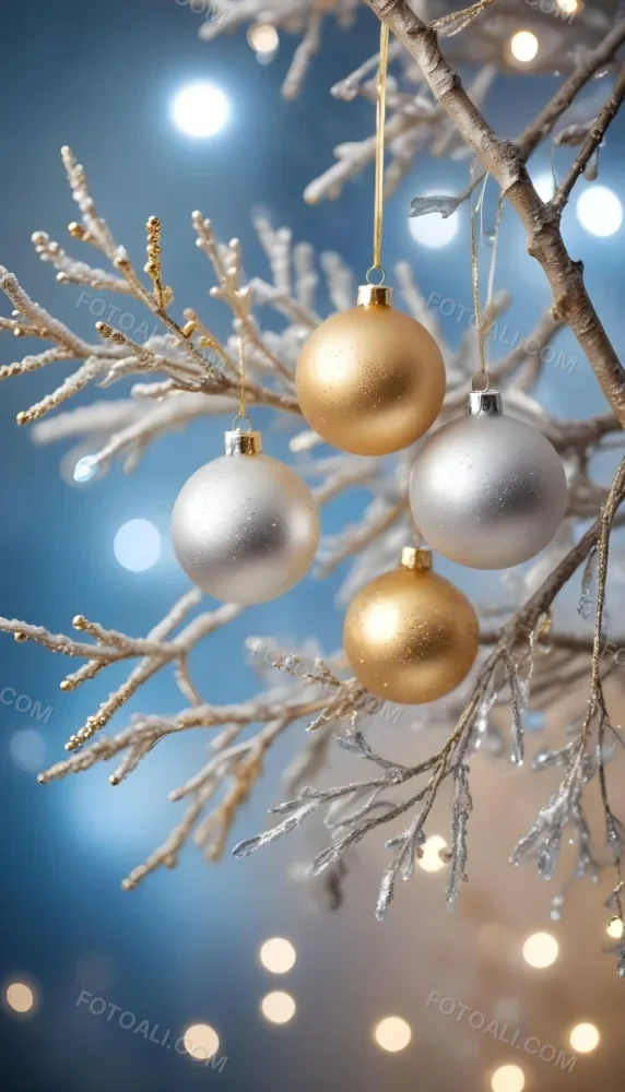 Minimal Soft Studio Light Photography Gold And Silver Ornaments Hanging From Sparkling Branches With Blue And White Bokeh Lights In The Background High Detail Solid Bold Color Background 39 9c3a