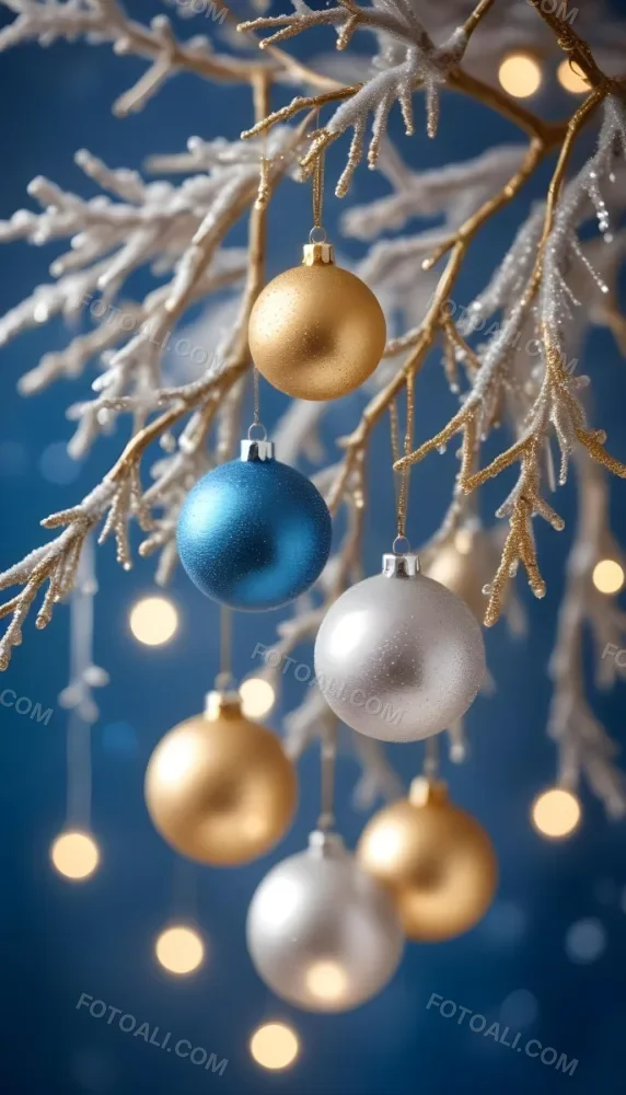 Minimal Soft Studio Light Photography Gold And Silver Ornaments Hanging From Sparkling Branches With Blue And White Bokeh Lights In The Background High Detail Solid Bold Color Background 4 6d68