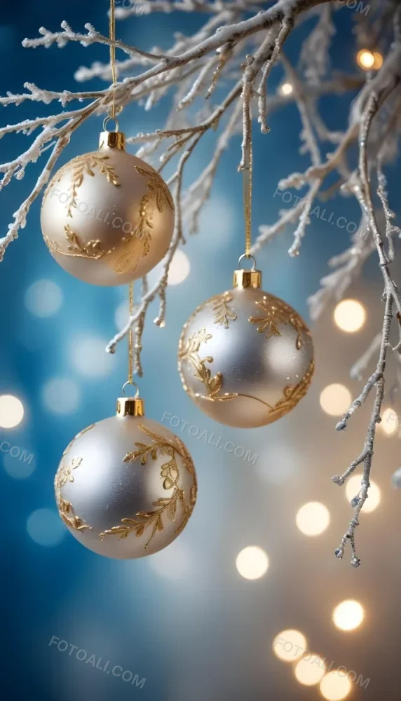 Minimal Soft Studio Light Photography Gold And Silver Ornaments Hanging From Sparkling Branches With Blue And White Bokeh Lights In The Background High Detail Solid Bold Color Background 42 B5d1