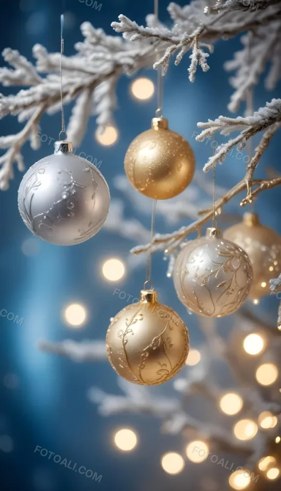 Minimal Soft Studio Light Photography Gold And Silver Ornaments Hanging From Sparkling Branches With Blue And White Bokeh Lights In The Background High Detail Solid Bold Color Background 44 C26f