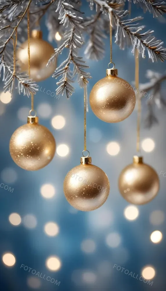 Minimal Soft Studio Light Photography Gold And Silver Ornaments Hanging From Sparkling Branches With Blue And White Bokeh Lights In The Background High Detail Solid Bold Color Background 45 B0a2