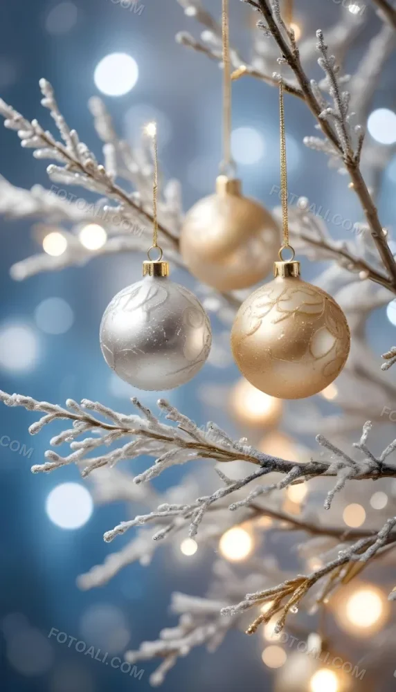 Minimal Soft Studio Light Photography Gold And Silver Ornaments Hanging From Sparkling Branches With Blue And White Bokeh Lights In The Background High Detail Solid Bold Color Background 7 42cd