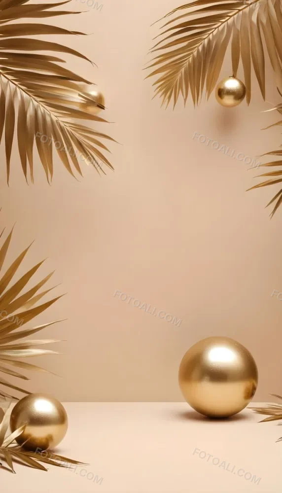 Minimal Soft Studio Light Photography Golden Palm Leaves And Metallic Spheres On A Beige Background High Detail Solid Bold Color Background 11 6216
