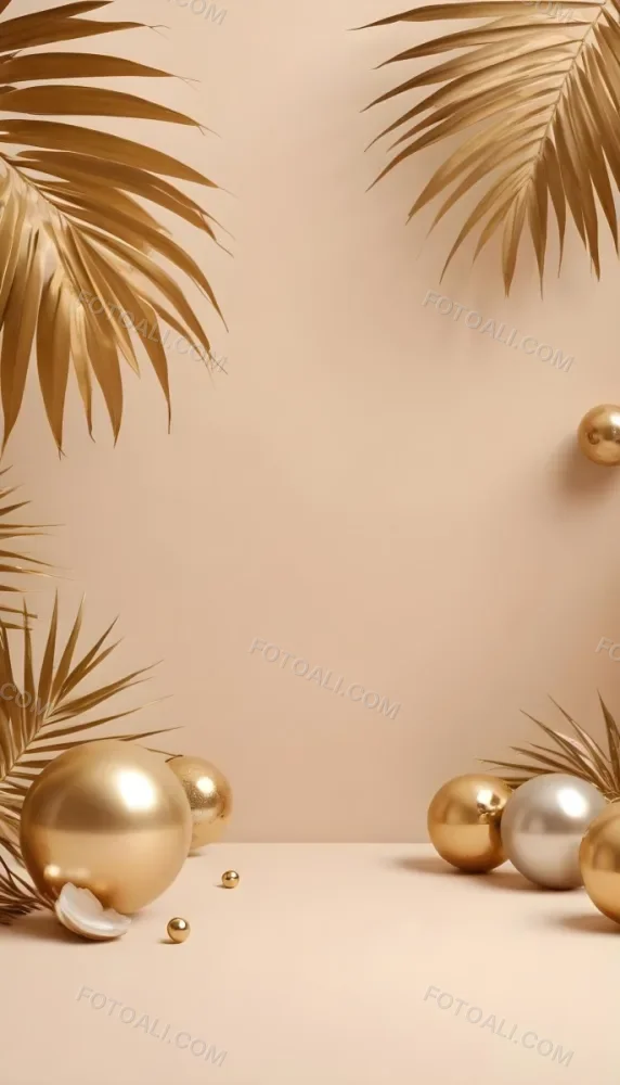 Minimal Soft Studio Light Photography Golden Palm Leaves And Metallic Spheres On A Beige Background High Detail Solid Bold Color Background 15 E465