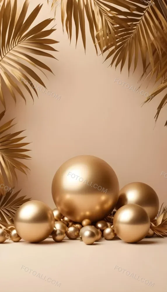 Minimal Soft Studio Light Photography Golden Palm Leaves And Metallic Spheres On A Beige Background High Detail Solid Bold Color Background 20 F475