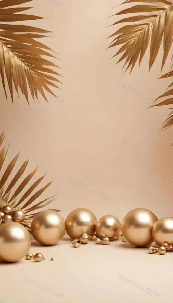 Minimal Soft Studio Light Photography Golden Palm Leaves And Metallic Spheres On A Beige Background High Detail Solid Bold Color Background 24 24fb