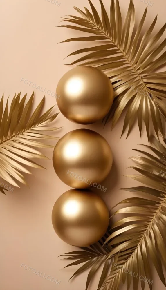 Minimal Soft Studio Light Photography Golden Palm Leaves And Metallic Spheres On A Beige Background High Detail Solid Bold Color Background 28 Bad7