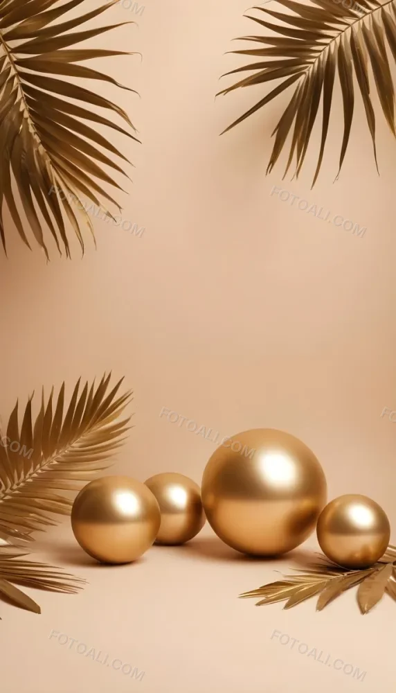 Minimal Soft Studio Light Photography Golden Palm Leaves And Metallic Spheres On A Beige Background High Detail Solid Bold Color Background 29 Dd95
