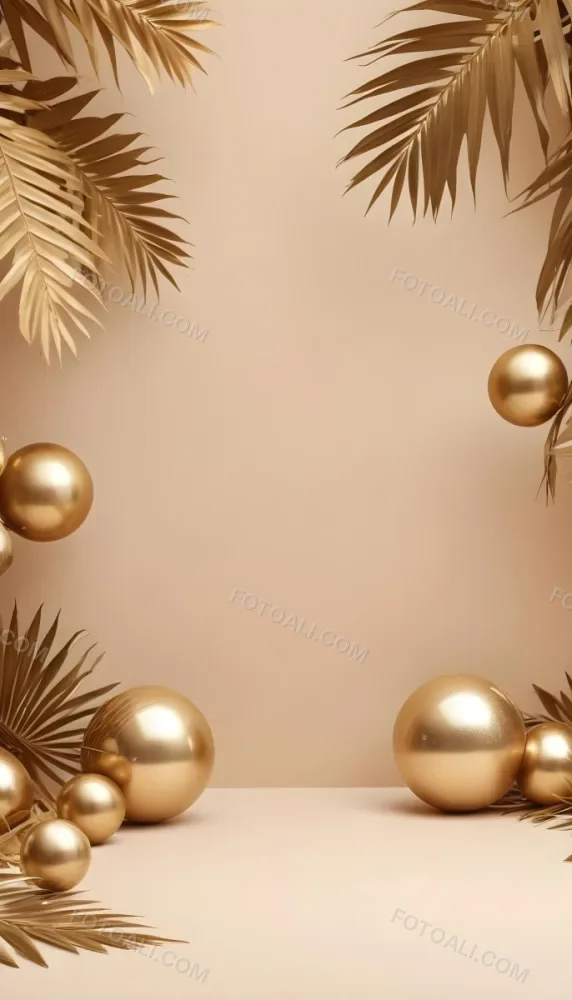 Minimal Soft Studio Light Photography Golden Palm Leaves And Metallic Spheres On A Beige Background High Detail Solid Bold Color Background 31 7c05
