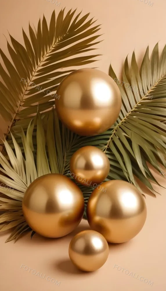 Minimal Soft Studio Light Photography Golden Palm Leaves And Metallic Spheres On A Beige Background High Detail Solid Bold Color Background 32 F169