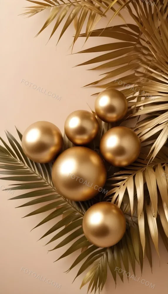 Minimal Soft Studio Light Photography Golden Palm Leaves And Metallic Spheres On A Beige Background High Detail Solid Bold Color Background 34 5755