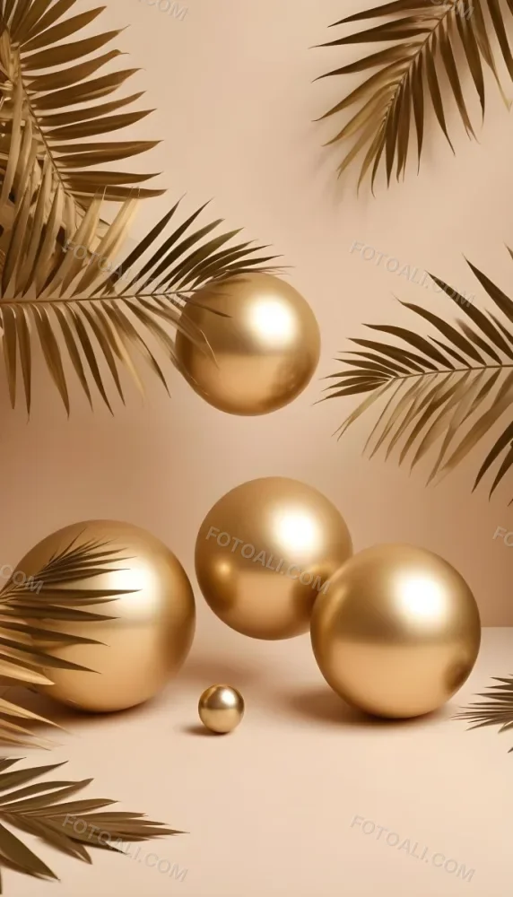 Minimal Soft Studio Light Photography Golden Palm Leaves And Metallic Spheres On A Beige Background High Detail Solid Bold Color Background 35 De8f