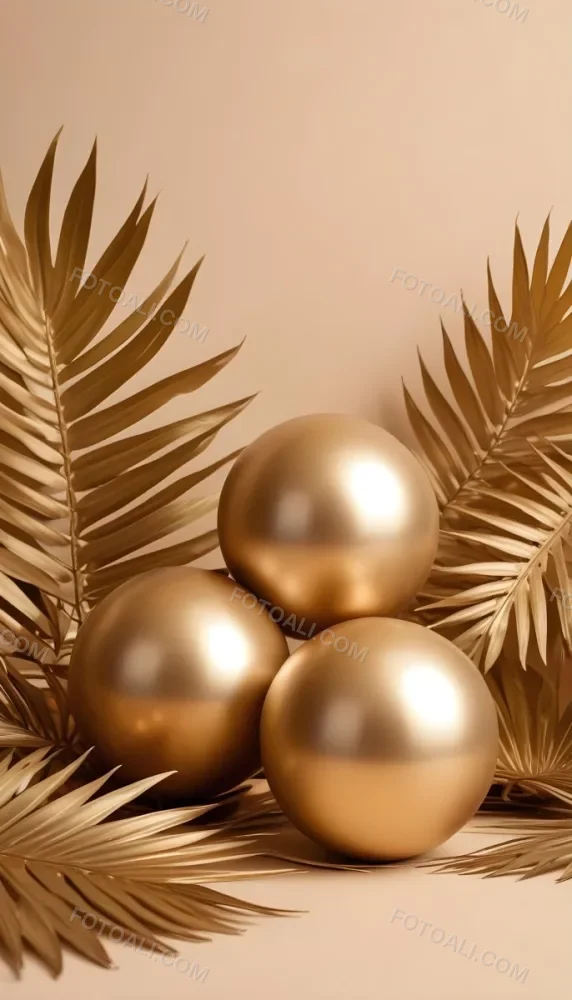 Minimal Soft Studio Light Photography Golden Palm Leaves And Metallic Spheres On A Beige Background High Detail Solid Bold Color Background 36 15e6