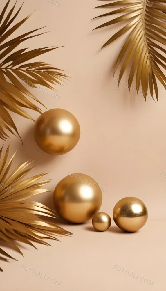Minimal Soft Studio Light Photography Golden Palm Leaves And Metallic Spheres On A Beige Background High Detail Solid Bold Color Background 4 Ce29