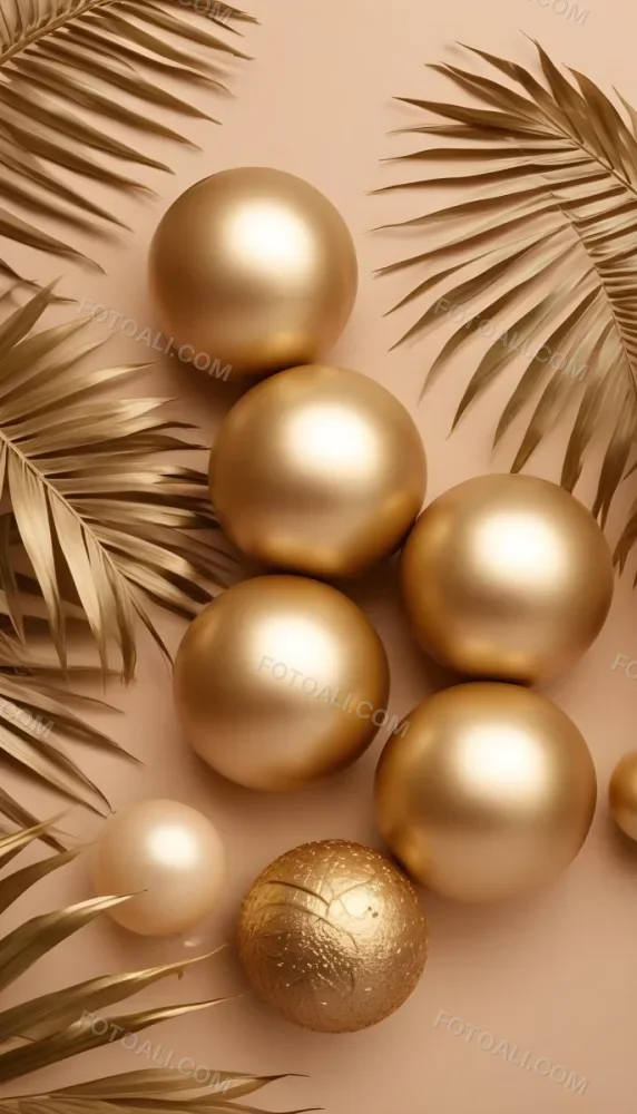 Minimal Soft Studio Light Photography Golden Palm Leaves And Metallic Spheres On A Beige Background High Detail Solid Bold Color Background 7 D287
