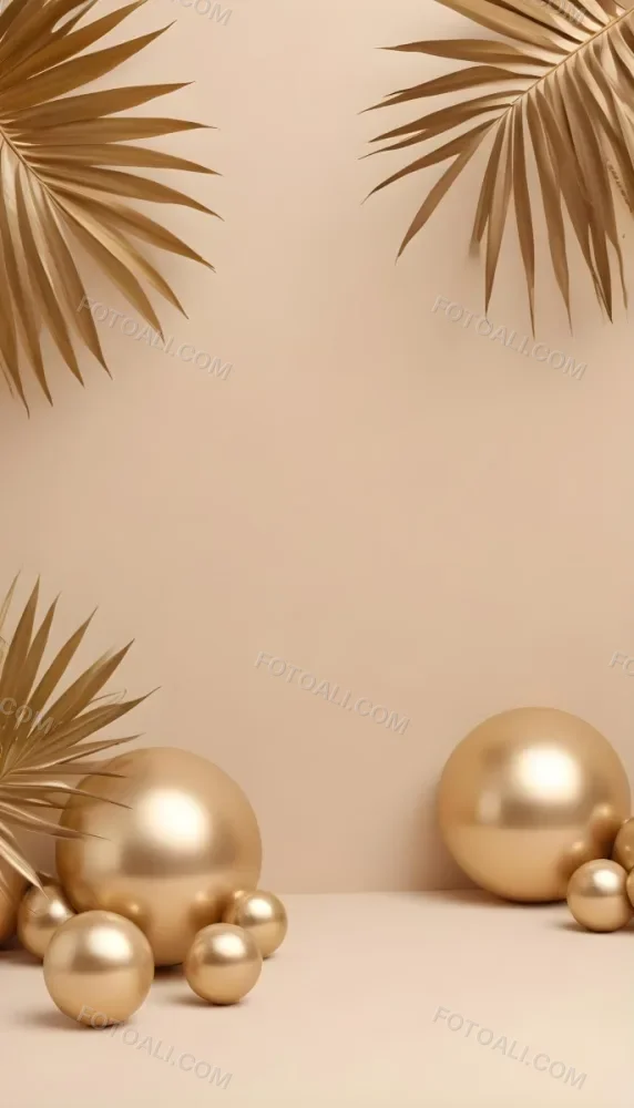 Minimal Soft Studio Light Photography Golden Palm Leaves And Metallic Spheres On A Beige Background High Detail Solid Bold Color Background 9 15e9