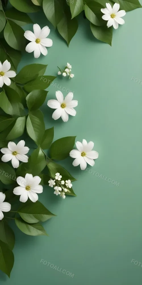 Minimal Soft Studio Light Photography Green Background With Leaves And White Flowers On The Top Corners Nature Elements Minimalist Style Soft Light Fresh And Vibrant Colors High Detail Solid Bold Color Backgroun 3 9a1b