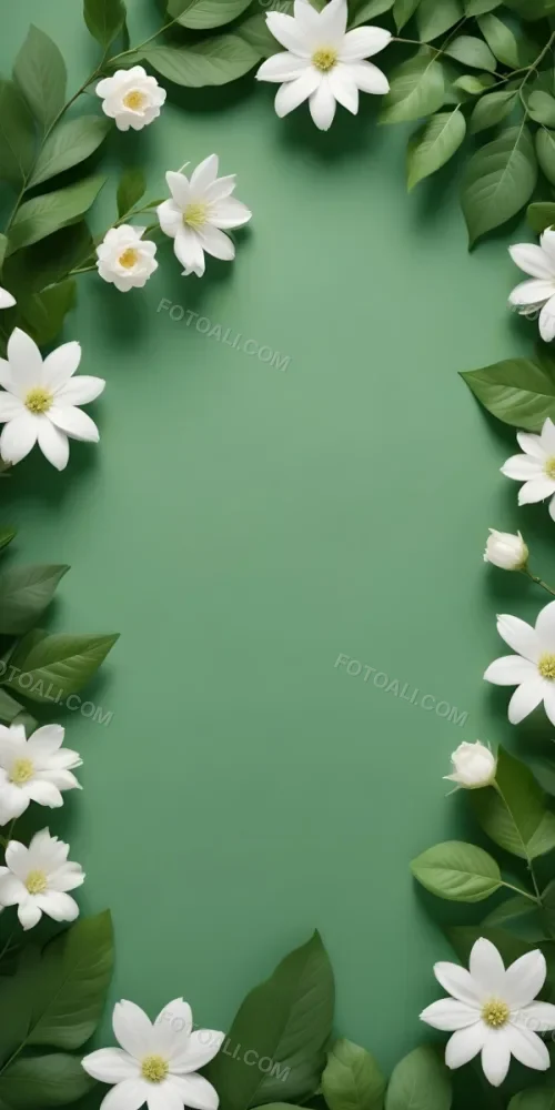 Minimal Soft Studio Light Photography Green Background With Leaves And White Flowers On The Top Corners Nature Elements Minimalist Style Soft Light Fresh And Vibrant Colors High Detail Solid Bold Color Backgroun 6 1a6a