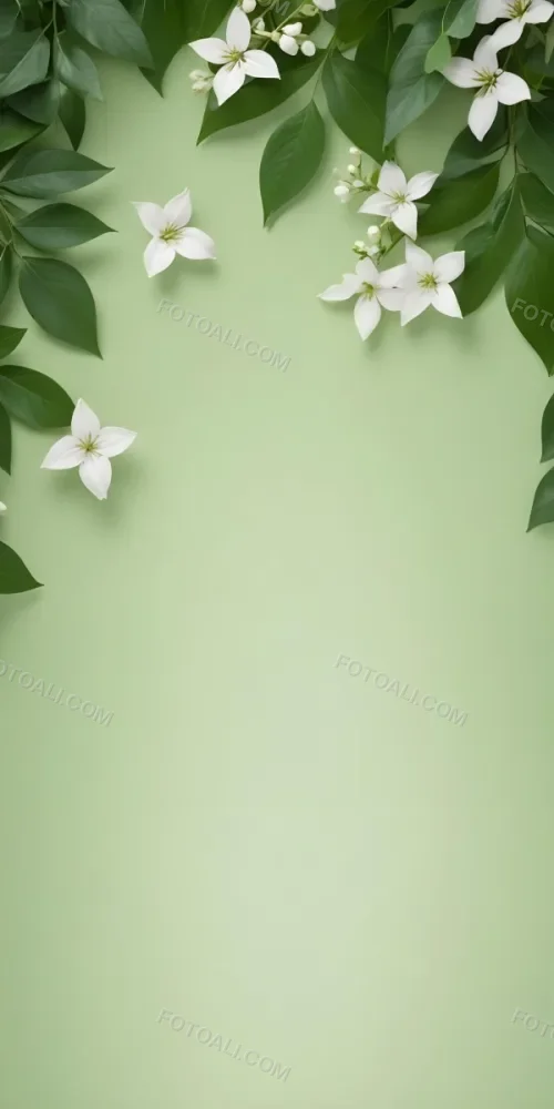 Minimal Soft Studio Light Photography Green Background With Leaves And White Flowers On The Top Corners Nature Elements Minimalist Style Soft Light Fresh And Vibrant Colors High Detail Solid Bold Color Backgroun 8 D6d6