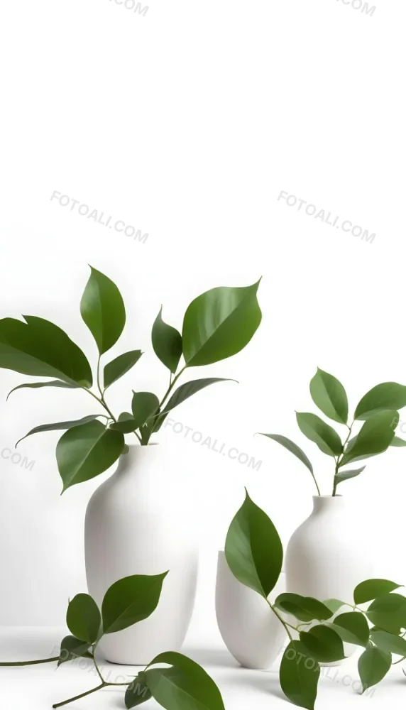 Minimal Soft Studio Light Photography Green Leaves In White Vases On A White Background High Detail Solid Bold Color Background 1 8297