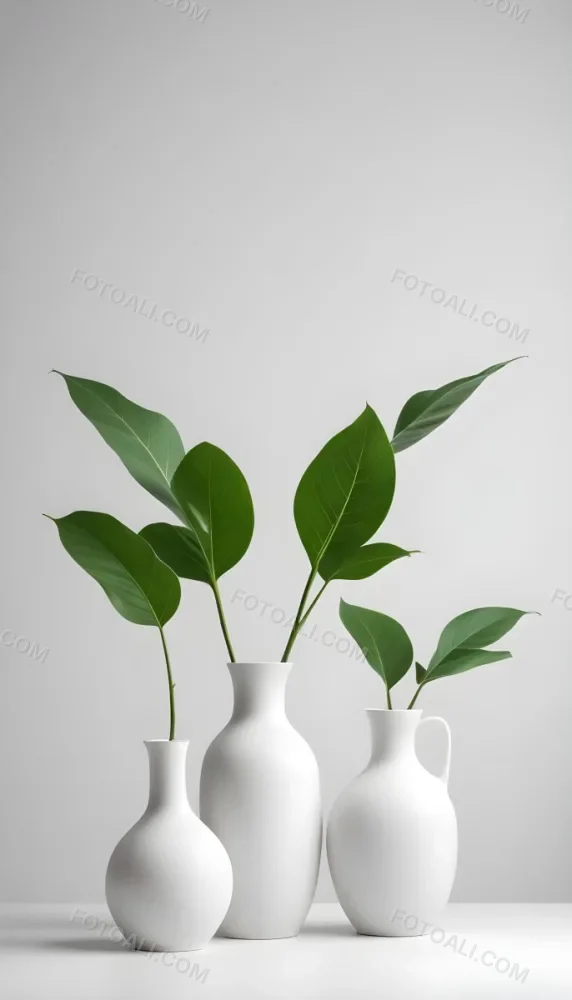 Minimal Soft Studio Light Photography Green Leaves In White Vases On A White Background High Detail Solid Bold Color Background 10 04da