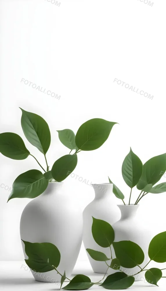 Minimal Soft Studio Light Photography Green Leaves In White Vases On A White Background High Detail Solid Bold Color Background 11 A512