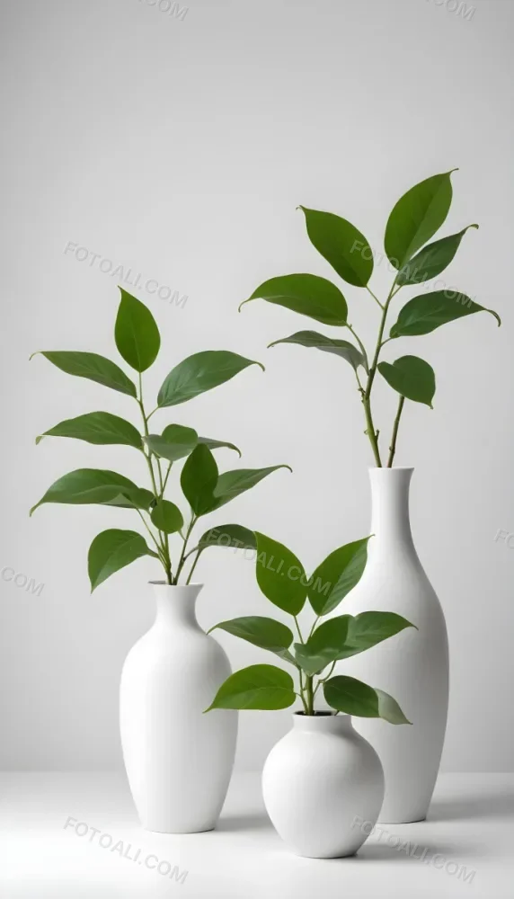 Minimal Soft Studio Light Photography Green Leaves In White Vases On A White Background High Detail Solid Bold Color Background 14 Ed9d