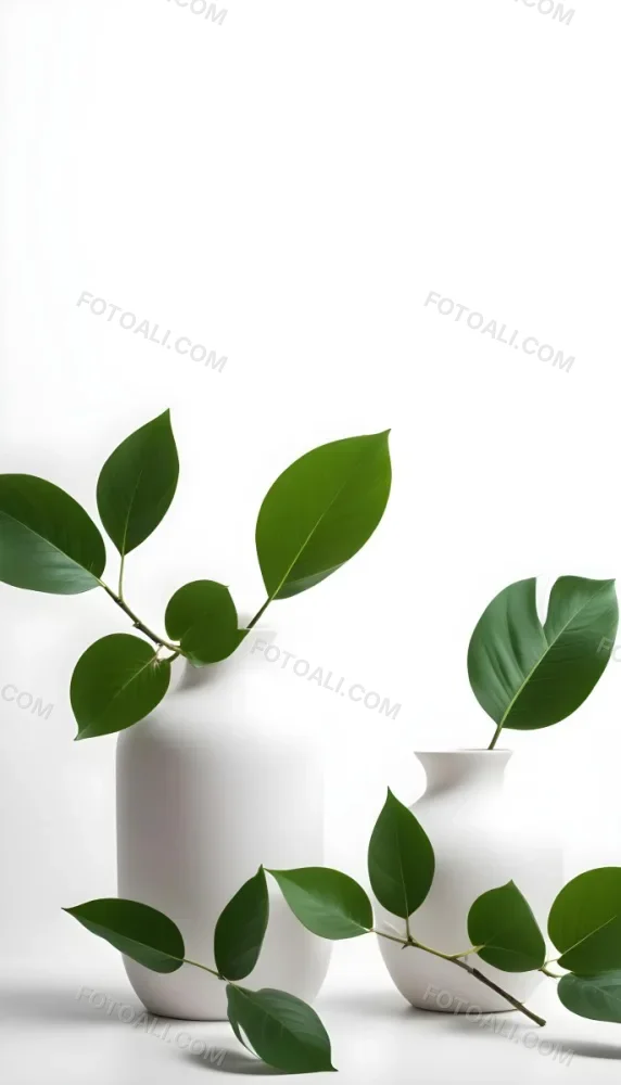 Minimal Soft Studio Light Photography Green Leaves In White Vases On A White Background High Detail Solid Bold Color Background 16 A52f