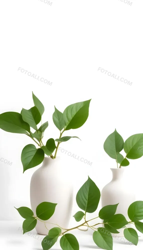 Minimal Soft Studio Light Photography Green Leaves In White Vases On A White Background High Detail Solid Bold Color Background 17 0661