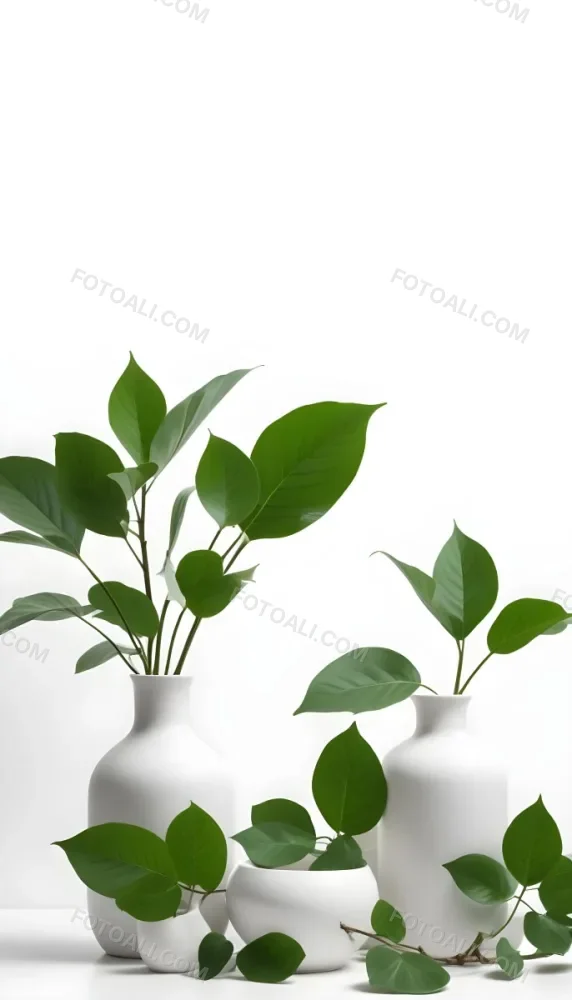 Minimal Soft Studio Light Photography Green Leaves In White Vases On A White Background High Detail Solid Bold Color Background 3 8ec2