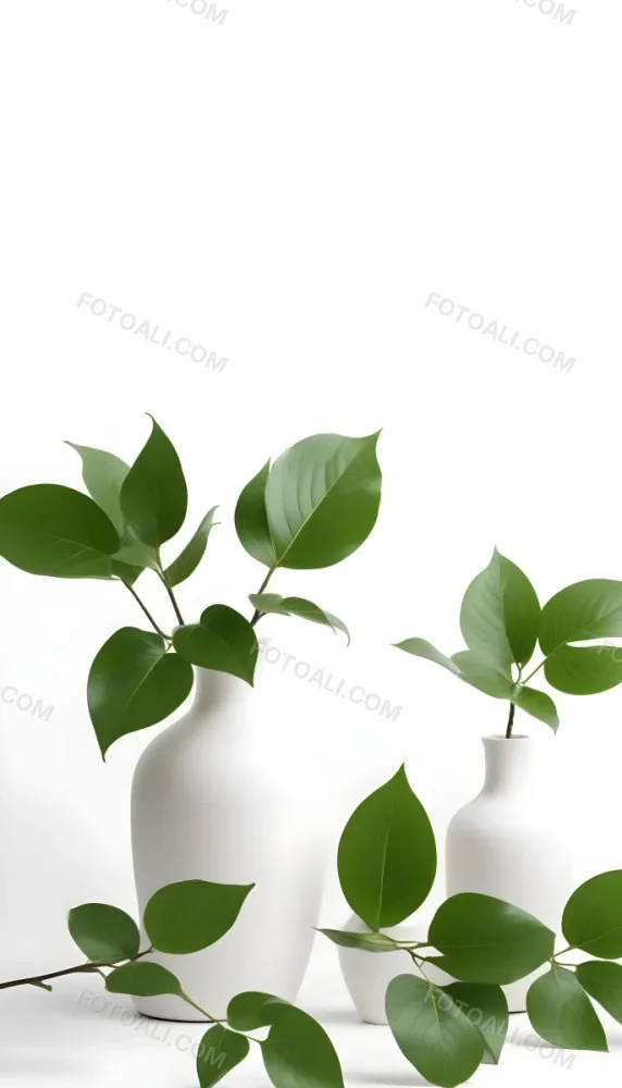 Minimal Soft Studio Light Photography Green Leaves In White Vases On A White Background High Detail Solid Bold Color Background 4 Ca9c