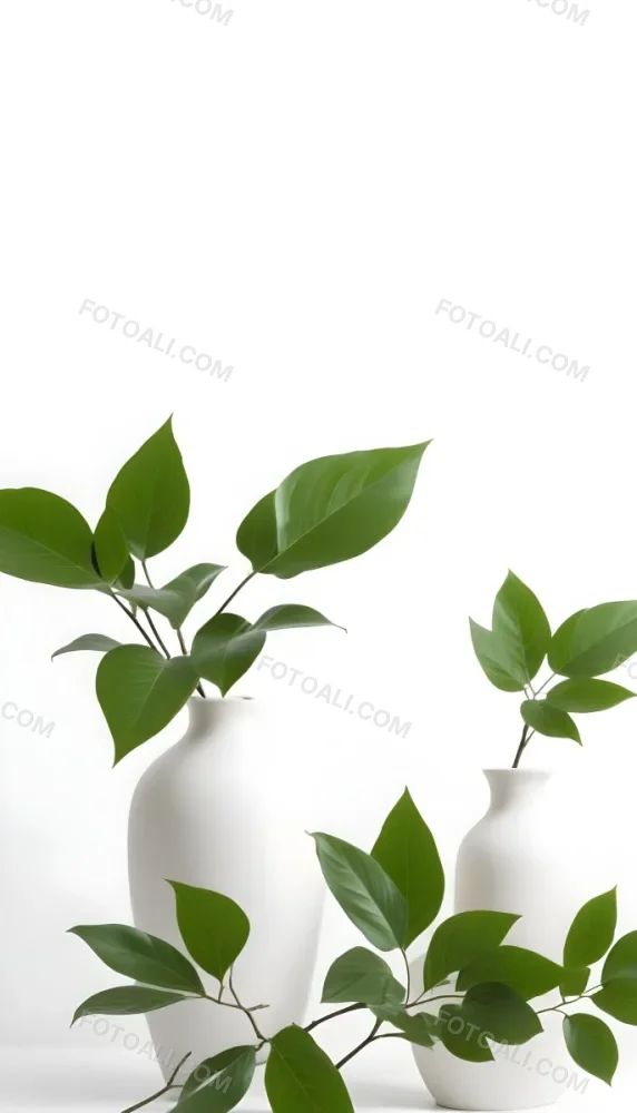 Minimal Soft Studio Light Photography Green Leaves In White Vases On A White Background High Detail Solid Bold Color Background 9 Ef2b
