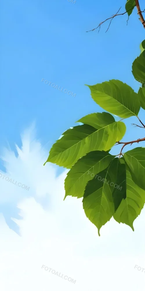 Minimal Soft Studio Light Photography Green Leaves With Thin Veins Against A Blue Sky Background High Detail Solid Bold Color Background 41 9872
